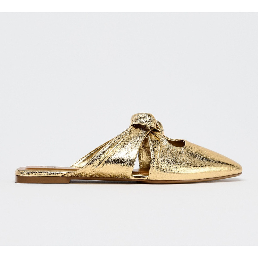 Zara NWT Gold Metallic Knot Square Toe Mules 7.5 8 - Picture 13 of 16